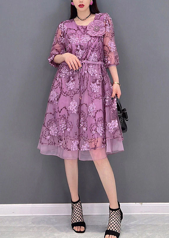 Casual Purple O-Neck Print Tie Waist Tulle Patchwork Chiffon Dresses Three Quarter sleeve - Image 2
