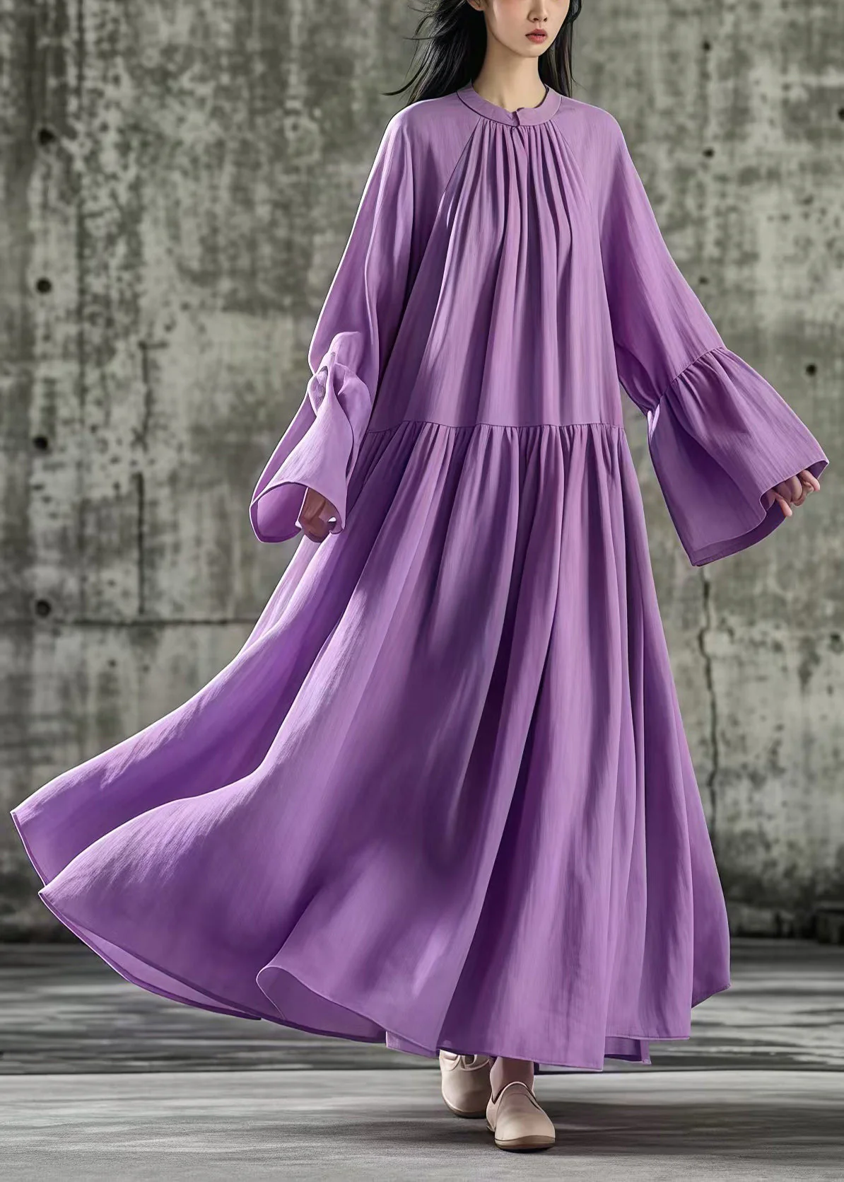 Casual Purple Oversized Exra Large Hem Cotton Dresses Flare Sleeve - Image 3