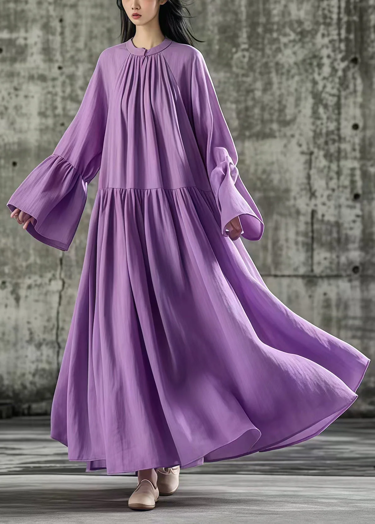 Casual Purple Oversized Exra Large Hem Cotton Dresses Flare Sleeve - Image 5
