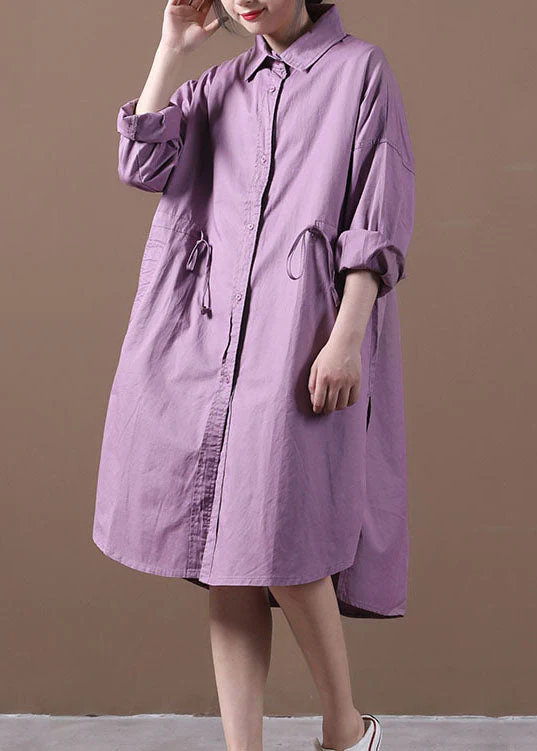 Casual Purple Peter Pan Collar Button Cotton Shirt Dresses Long Sleeve - Image 2