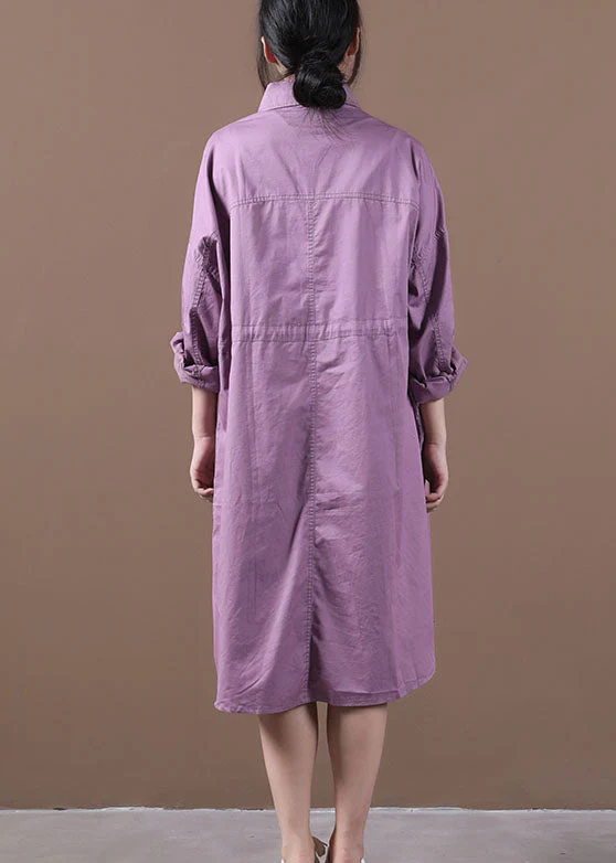 Casual Purple Peter Pan Collar Button Cotton Shirt Dresses Long Sleeve - Image 3