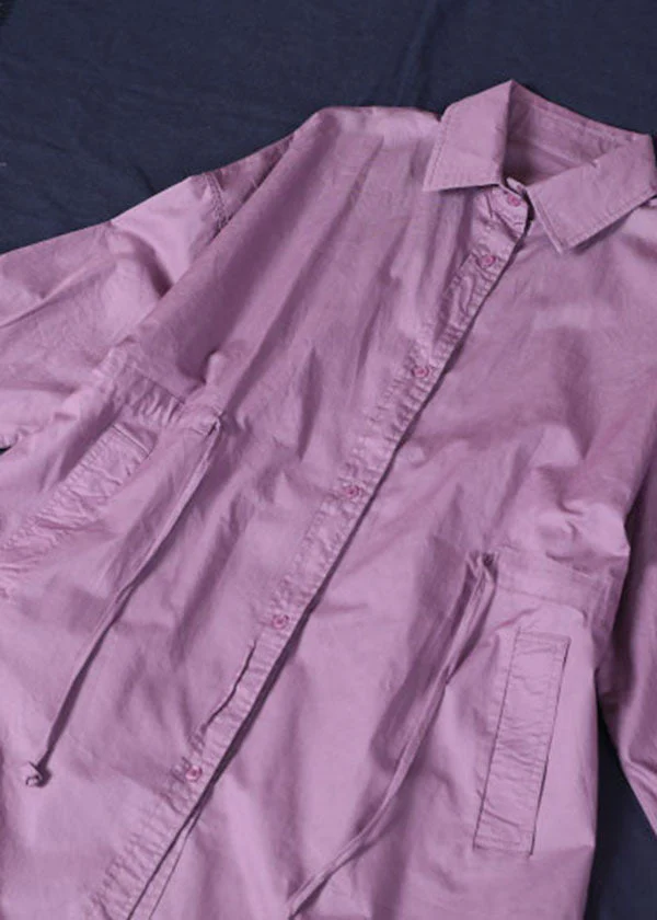 Casual Purple Peter Pan Collar Button Cotton Shirt Dresses Long Sleeve - Image 4