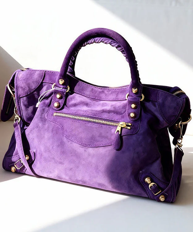 Casual Purple Rivet Solid Durable Fine Suede Tote Handbag - Image 2
