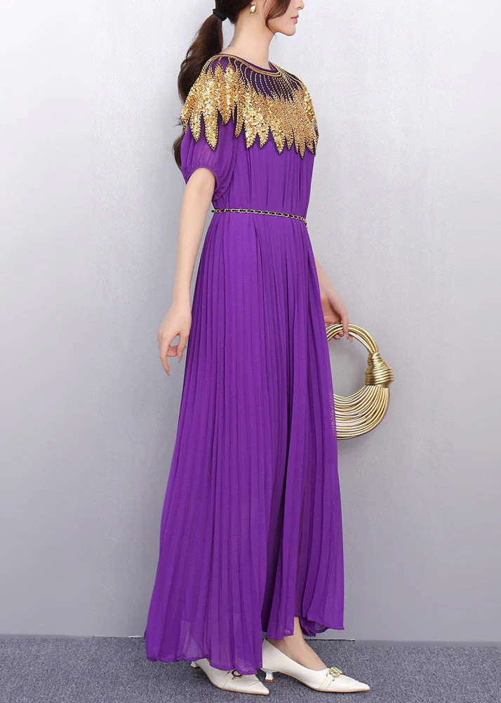 Casual Purple Sequins Chiffon Tunic Party Dress Summer - Image 3