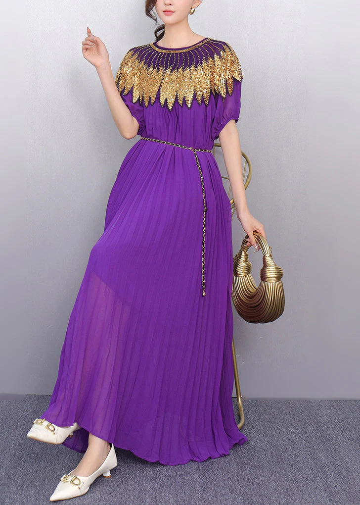 Casual Purple Sequins Chiffon Tunic Party Dress Summer - Image 4