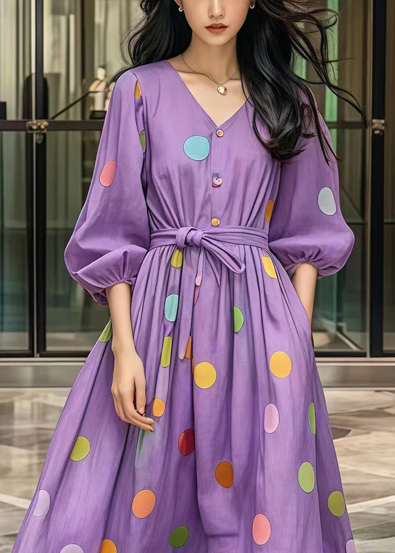 Casual Purple Tie Waist Print Cotton Robe Dresses Fall - Image 2