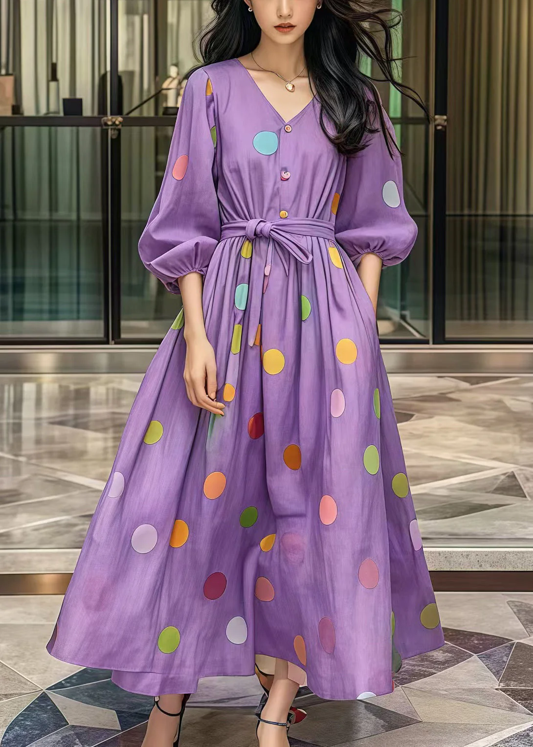 Casual Purple Tie Waist Print Cotton Robe Dresses Fall - Image 3