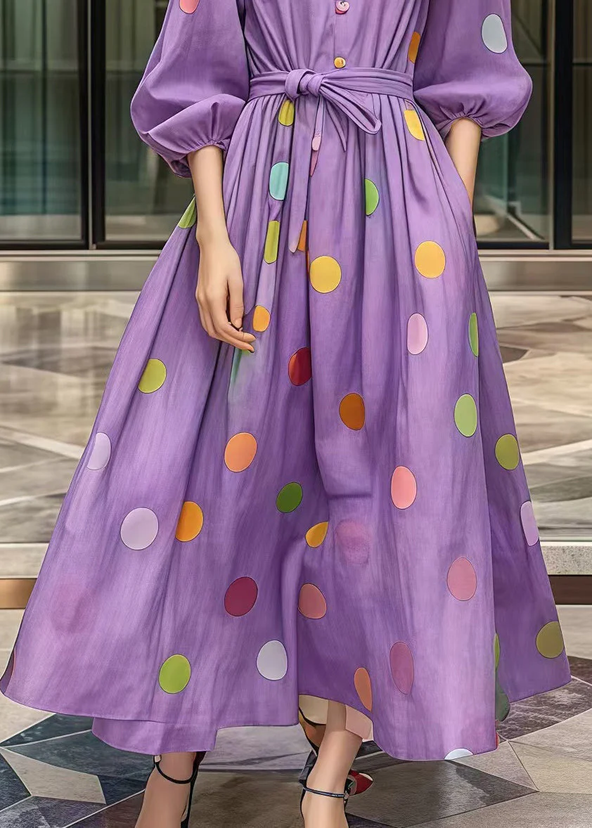 Casual Purple Tie Waist Print Cotton Robe Dresses Fall - Image 4