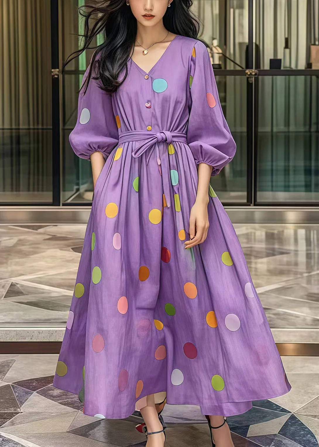 Casual Purple Tie Waist Print Cotton Robe Dresses Fall - Image 5