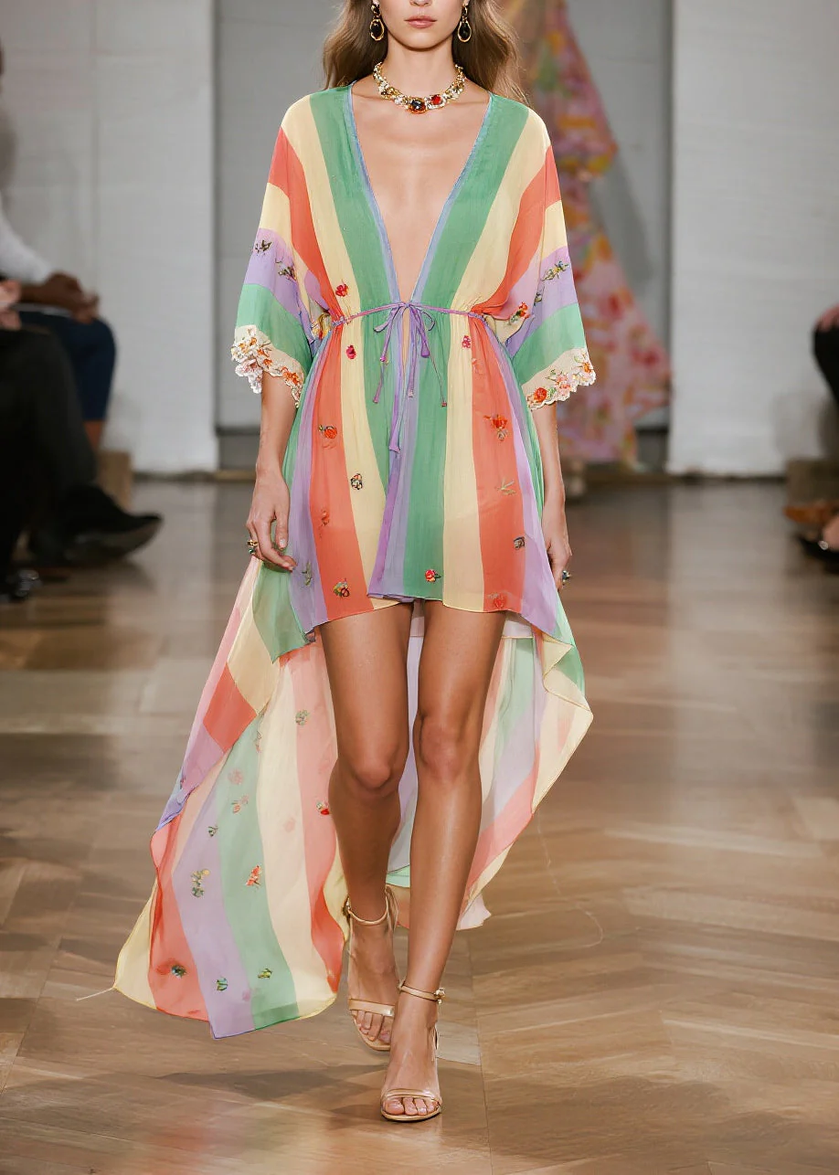 Casual Rainbow Striped Exra Large Hem Chiffon Cardigan Summer - Image 5