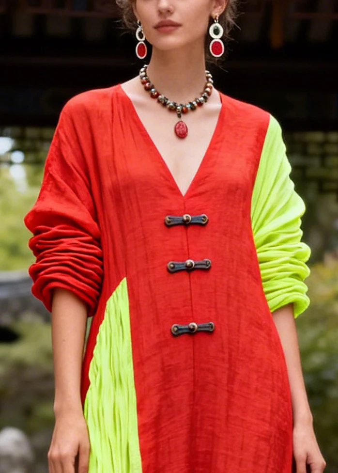 Casual Red Asymmetrical Patchwork Chinese Button Cotton Vacation Dresses Fall - Image 2