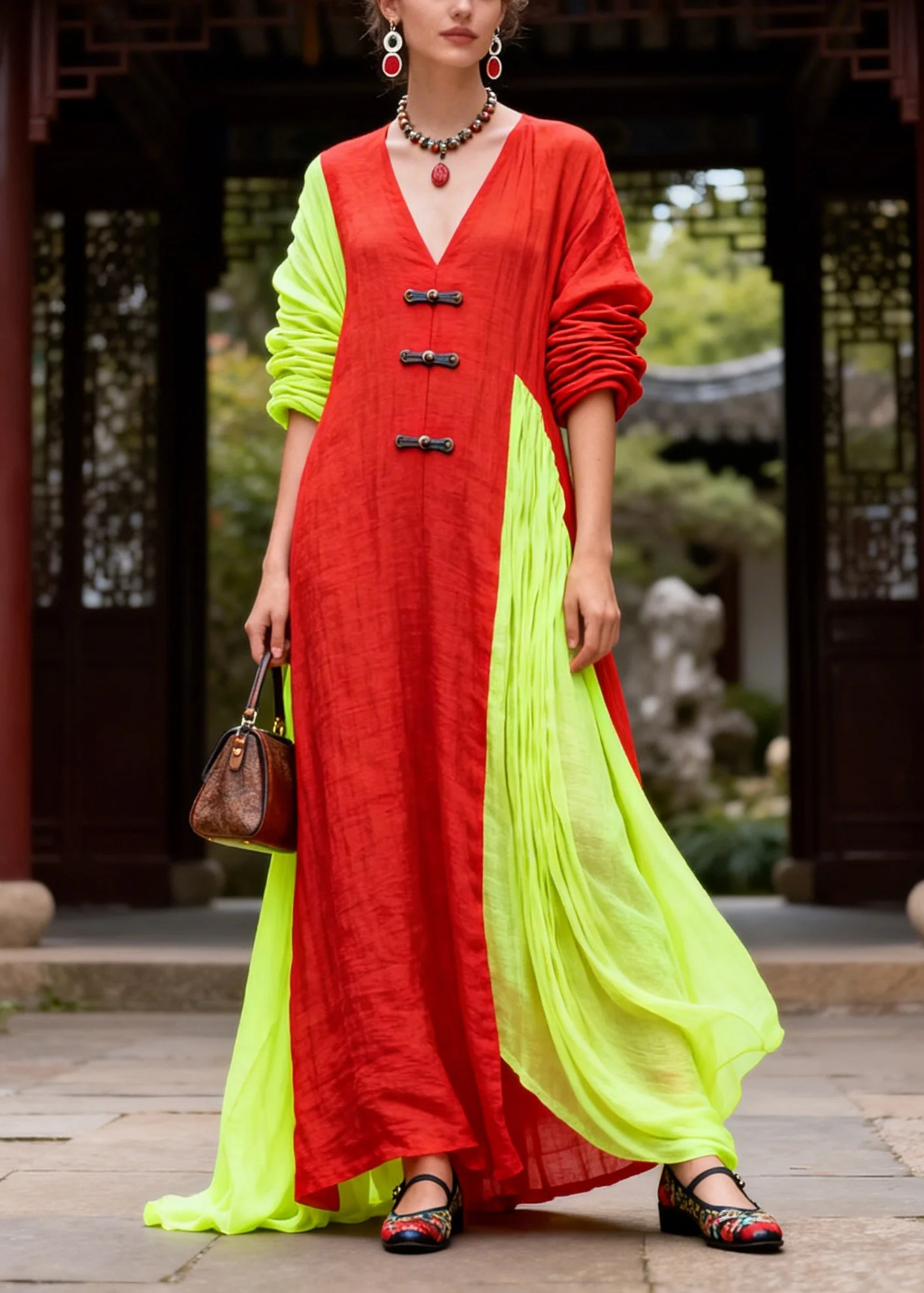 Casual Red Asymmetrical Patchwork Chinese Button Cotton Vacation Dresses Fall - Image 3