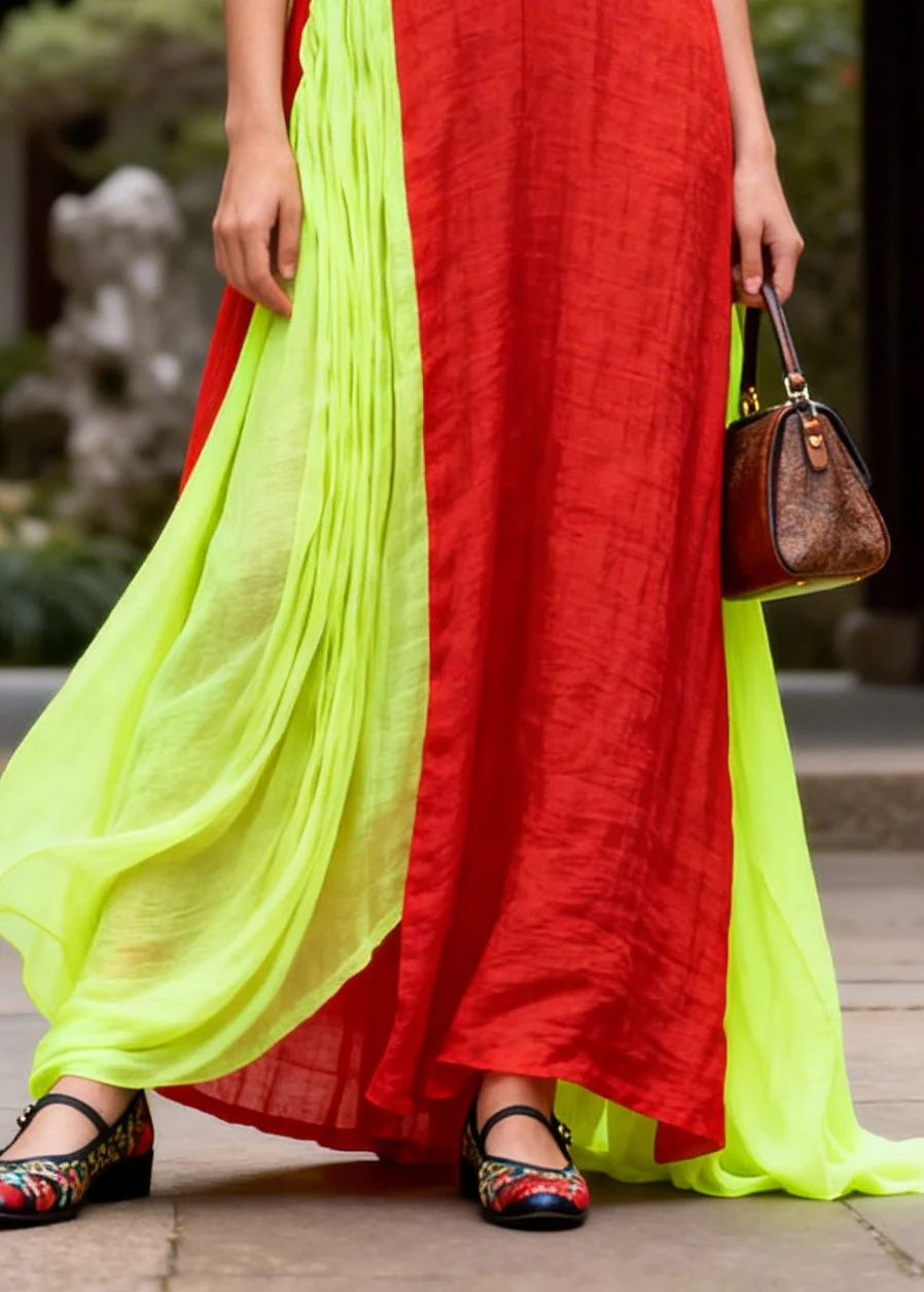 Casual Red Asymmetrical Patchwork Chinese Button Cotton Vacation Dresses Fall - Image 4