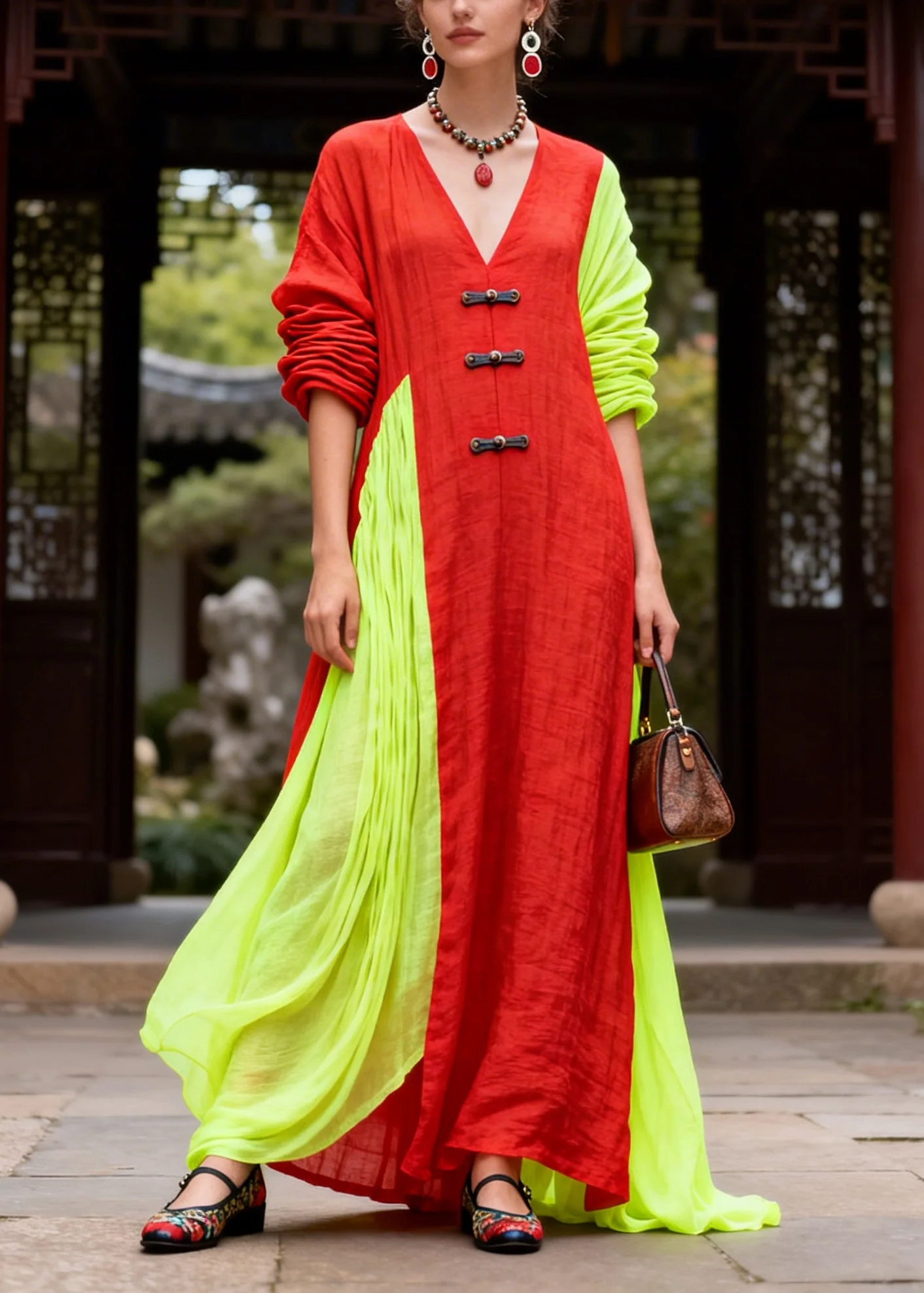 Casual Red Asymmetrical Patchwork Chinese Button Cotton Vacation Dresses Fall - Image 5