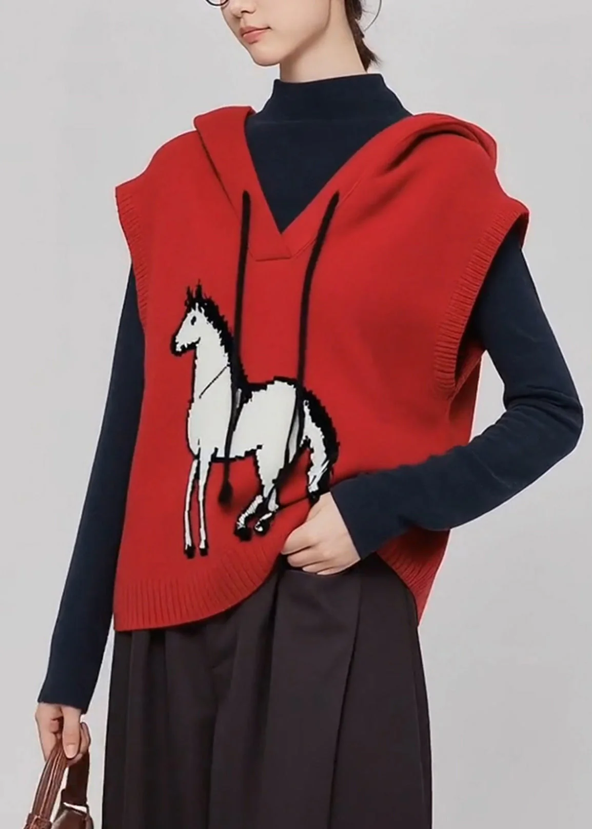 Casual Red Hooded Horse Knit Vests Winter - Image 2