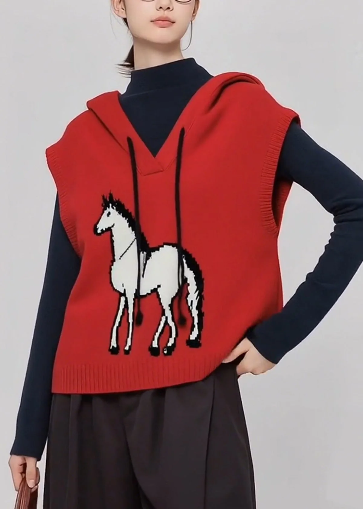 Casual Red Hooded Horse Knit Vests Winter - Image 3