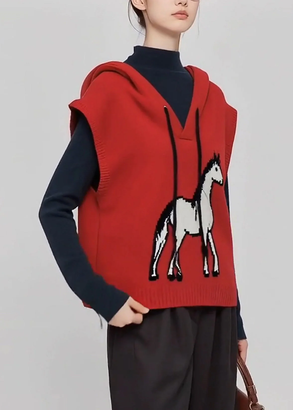 Casual Red Hooded Horse Knit Vests Winter - Image 4