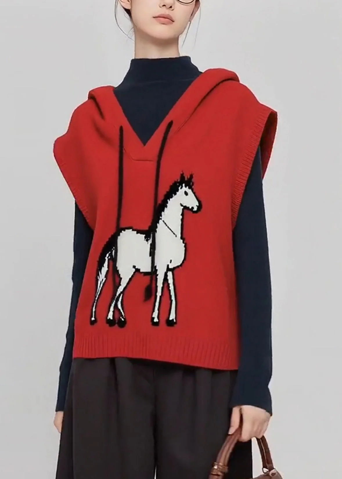 Casual Red Hooded Horse Knit Vests Winter - Image 5