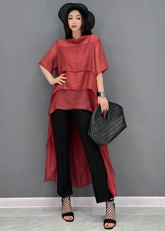 Casual Red O-Neck Asymmetrical Patchwork Dresses Short Sleeve - Image 2