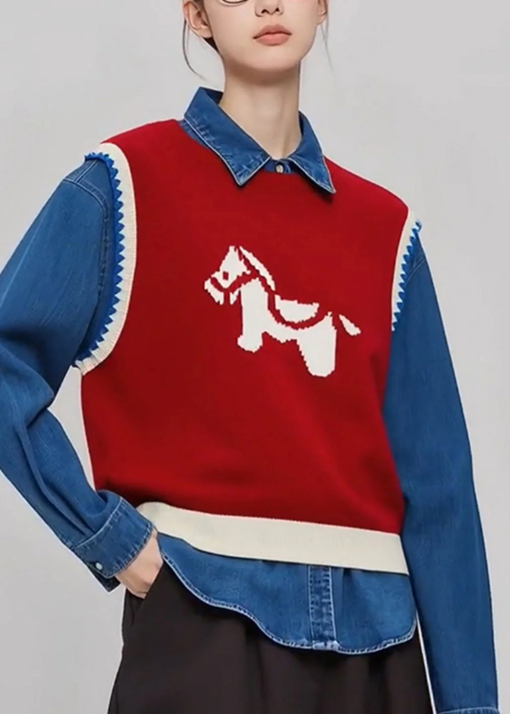 Casual Red O Neck Cartoon Print Knit Vest Sleeveless - Image 2
