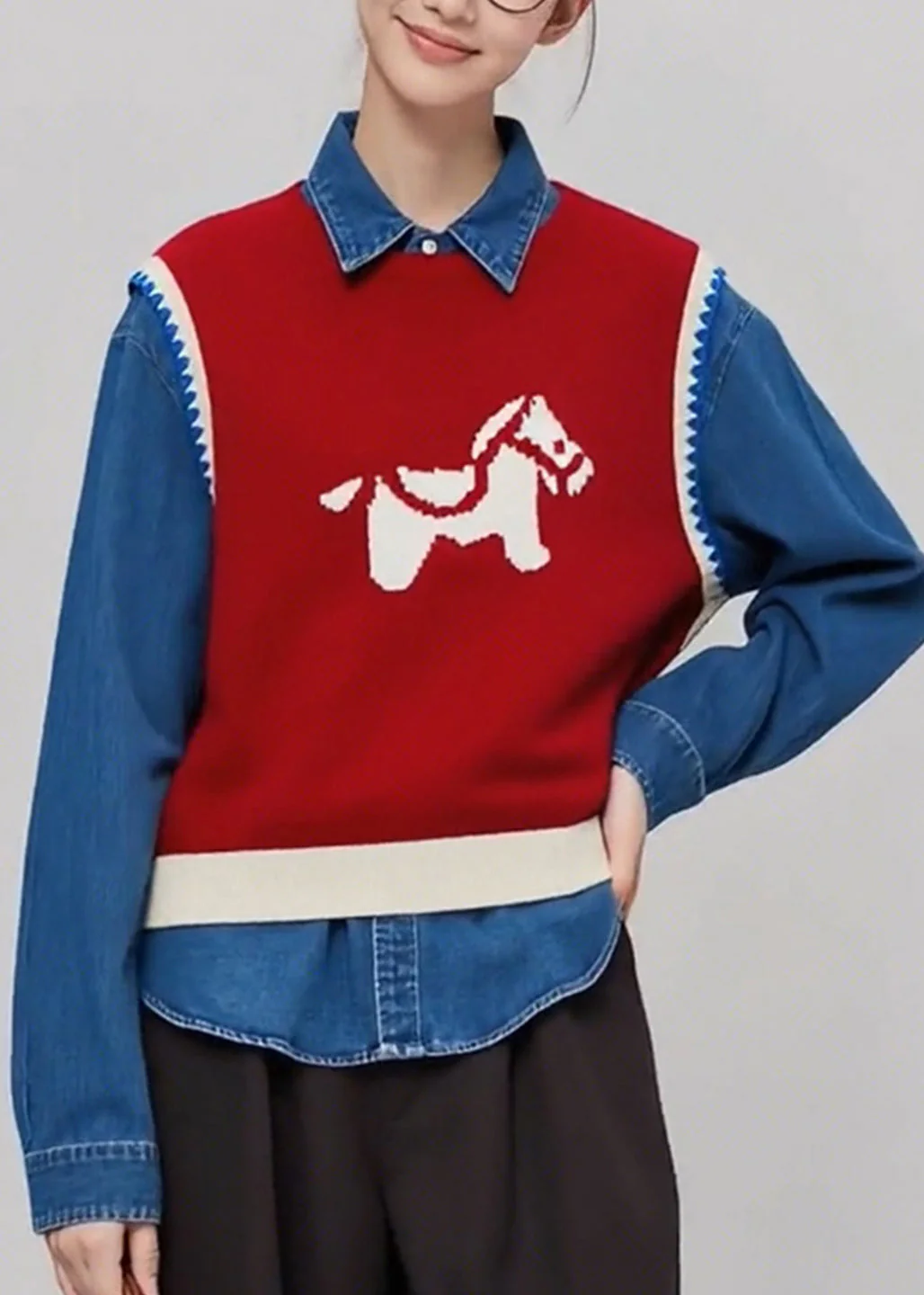 Casual Red O Neck Cartoon Print Knit Vest Sleeveless - Image 3