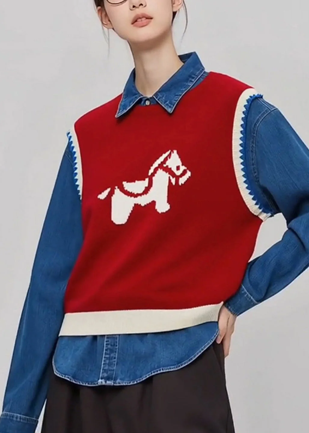 Casual Red O Neck Cartoon Print Knit Vest Sleeveless - Image 4