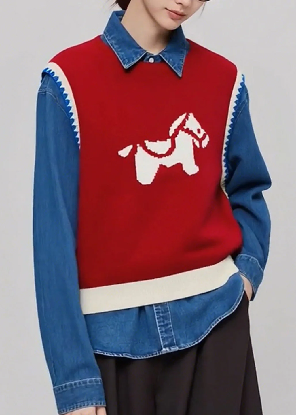 Casual Red O Neck Cartoon Print Knit Vest Sleeveless - Image 5