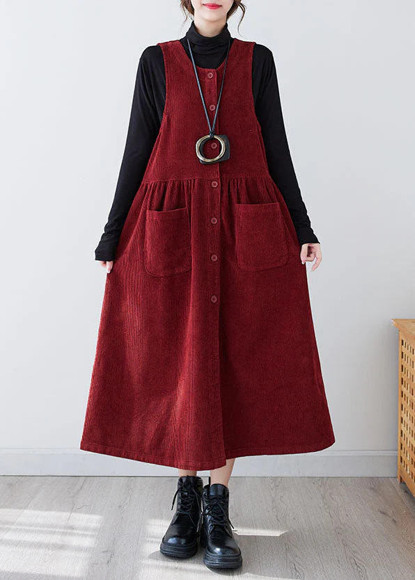 Casual Red O-Neck Patchwork Pockets Corduroy Maxi Dress Winter - Image 2