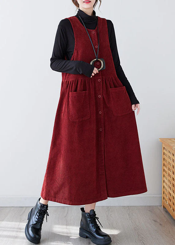 Casual Red O-Neck Patchwork Pockets Corduroy Maxi Dress Winter - Image 3