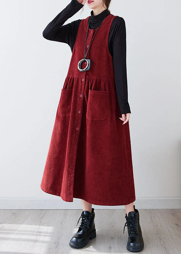 Casual Red O-Neck Patchwork Pockets Corduroy Maxi Dress Winter - Image 4