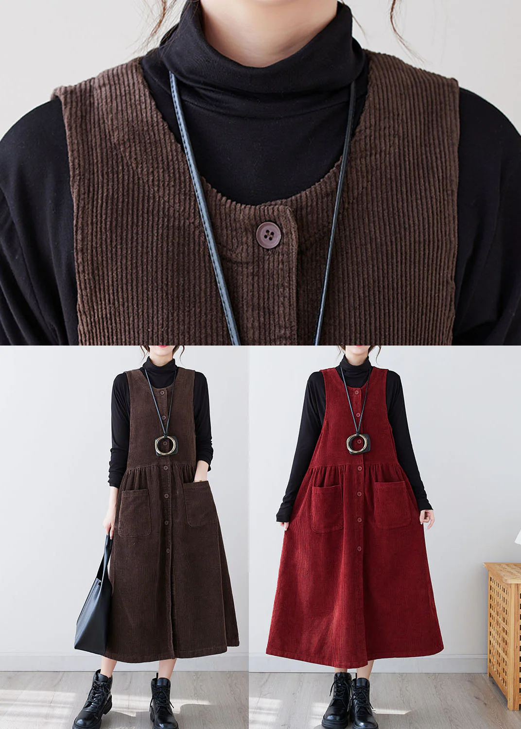 Casual Red O-Neck Patchwork Pockets Corduroy Maxi Dress Winter - Image 5