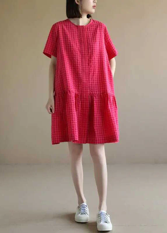 Casual Red O Neck Plaid Cotton Mid Dresses Summer - Image 2