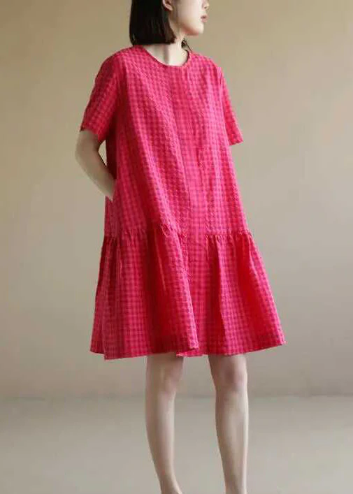 Casual Red O Neck Plaid Cotton Mid Dresses Summer - Image 4