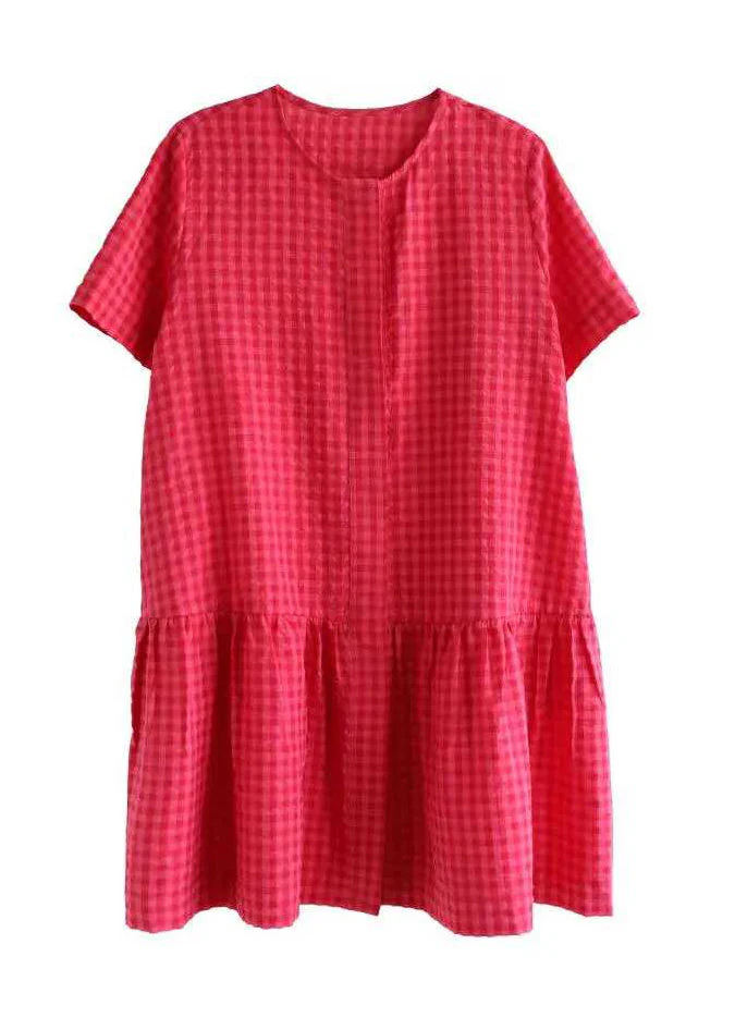 Casual Red O Neck Plaid Cotton Mid Dresses Summer - Image 5