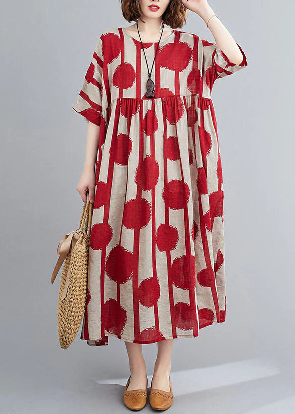 Casual Red O-Neck Print Wrinkled Exra Large Hem Cotton Long Dresses Short Sleeve
