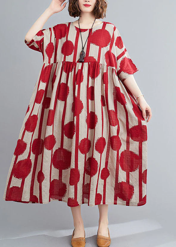 Casual Red O-Neck Print Wrinkled Exra Large Hem Cotton Long Dresses Short Sleeve - Image 2