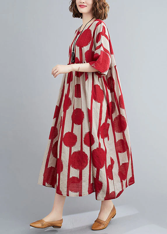 Casual Red O-Neck Print Wrinkled Exra Large Hem Cotton Long Dresses Short Sleeve - Image 3