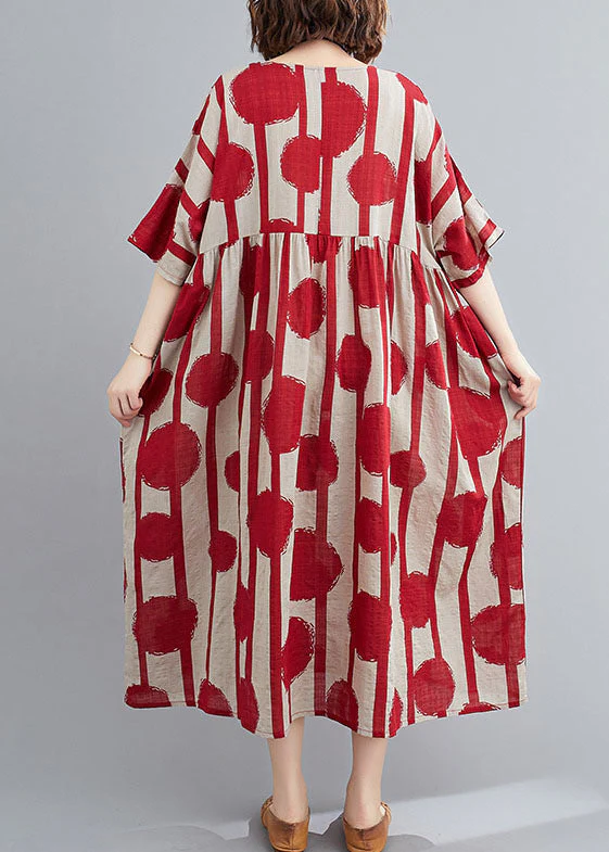 Casual Red O-Neck Print Wrinkled Exra Large Hem Cotton Long Dresses Short Sleeve - Image 4