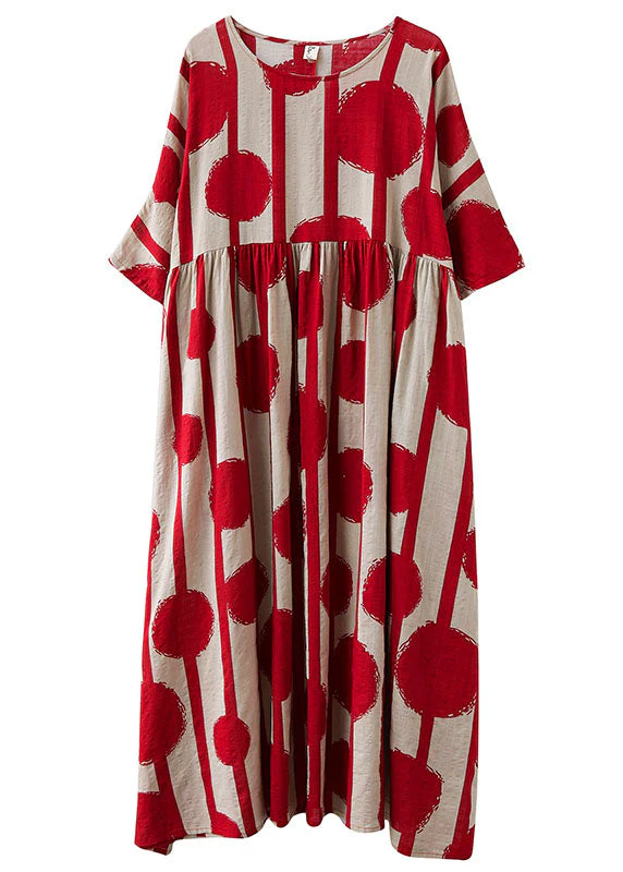 Casual Red O-Neck Print Wrinkled Exra Large Hem Cotton Long Dresses Short Sleeve - Image 5