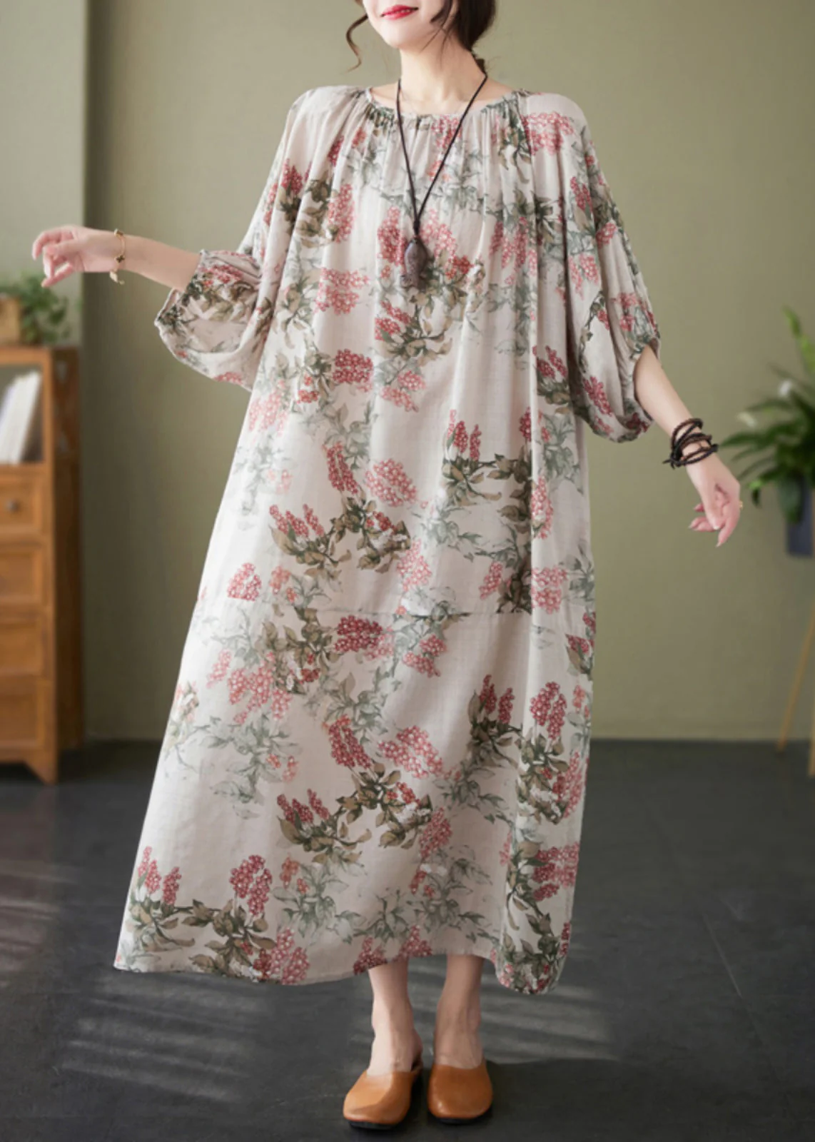 Casual Red O-Neck Print Wrinkled Vacation Dresses Half Sleeve - Image 2