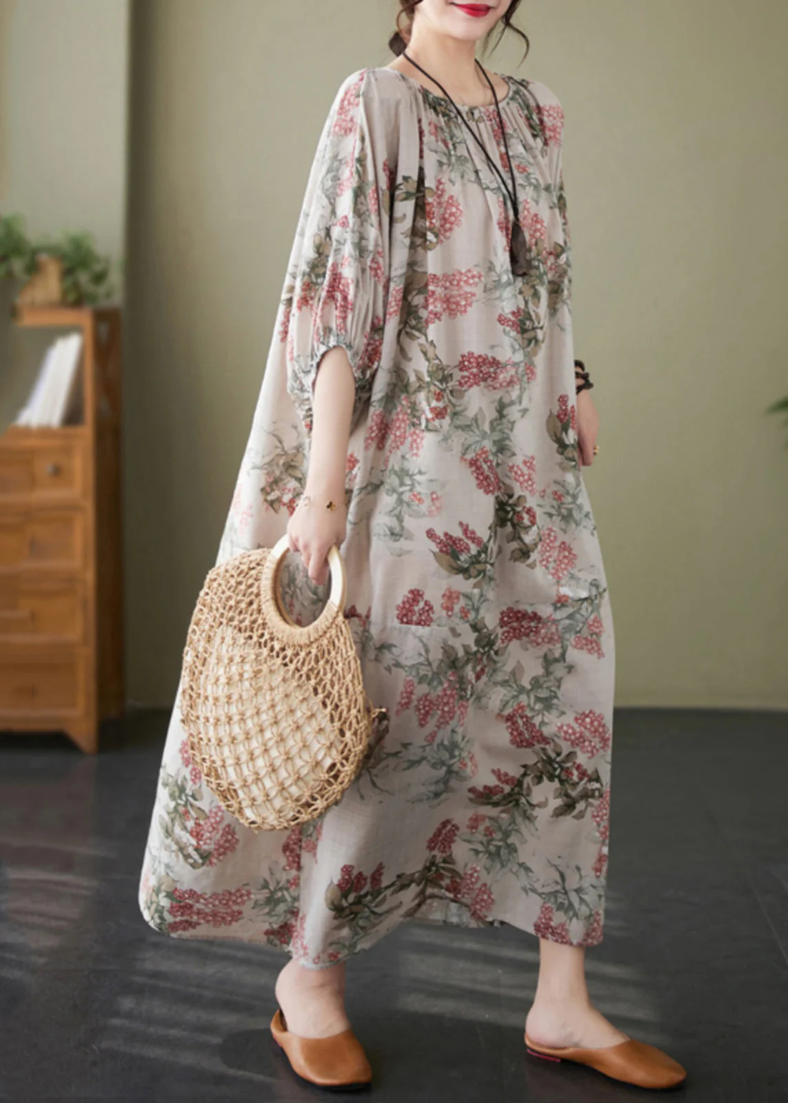 Casual Red O-Neck Print Wrinkled Vacation Dresses Half Sleeve - Image 3