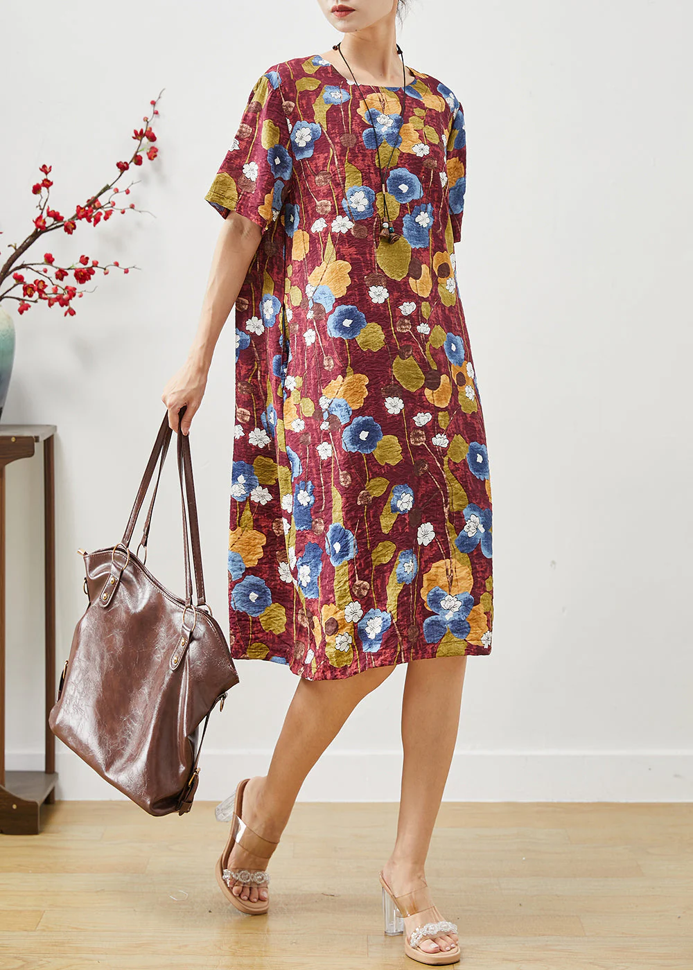 Casual Red Oversized Morning Glory Print Cotton Dresses Summer - Image 3