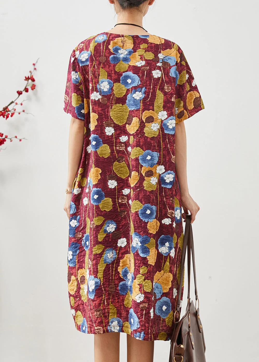 Casual Red Oversized Morning Glory Print Cotton Dresses Summer - Image 4