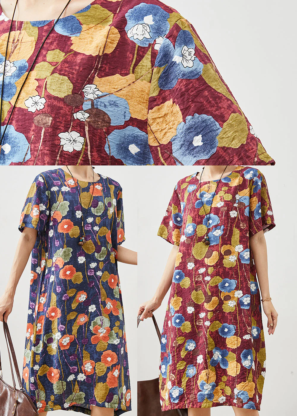 Casual Red Oversized Morning Glory Print Cotton Dresses Summer - Image 5