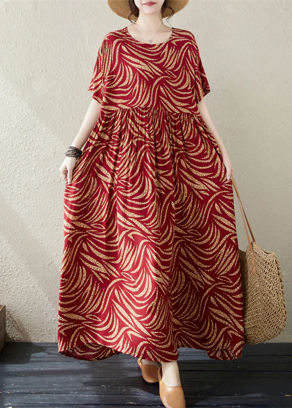 Casual Red Oversized Print Cotton Long Dresses Summer - Image 2