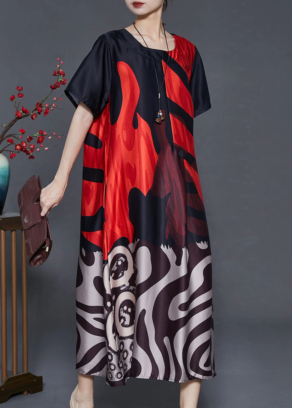 Casual Red Oversized Print Silk Holiday Dress Summer - Image 2