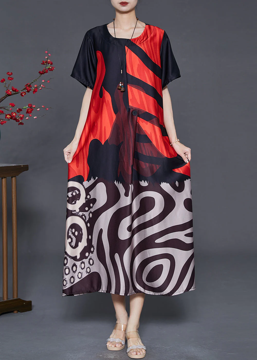 Casual Red Oversized Print Silk Holiday Dress Summer - Image 3