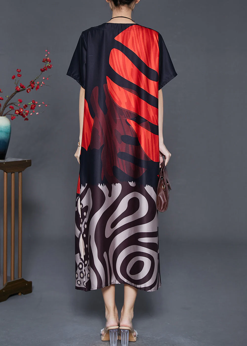 Casual Red Oversized Print Silk Holiday Dress Summer - Image 4