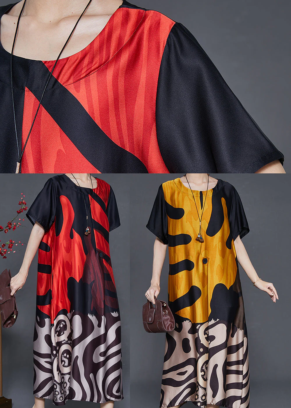 Casual Red Oversized Print Silk Holiday Dress Summer - Image 5