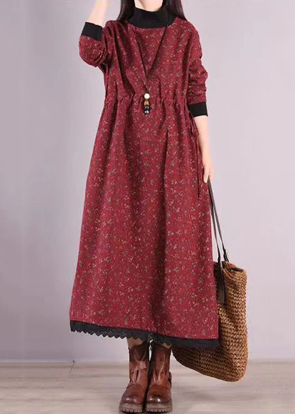 Casual Red Print Drawstring Patchwork Warm Fleece Dresses Winter - Image 2
